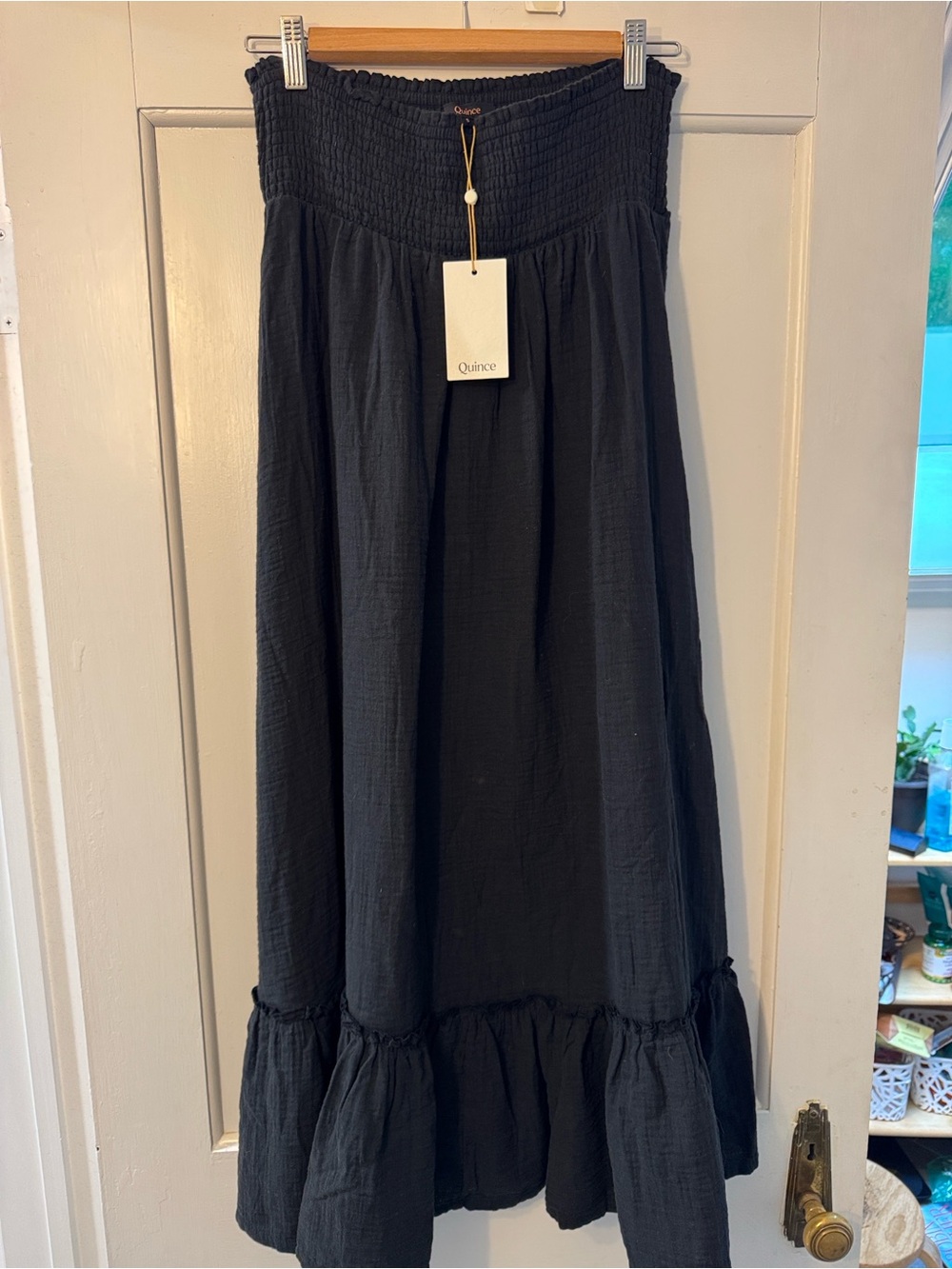 NWT Quince Organic Cotton Gauze Black Smocked Maxi Skirt